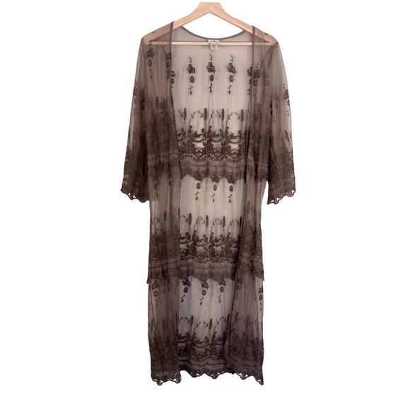Daytrip Other - Daytrip Sheer Embroidered Kimono Duster Brown‎ Lace Trim Size S Boho Whimsigoth